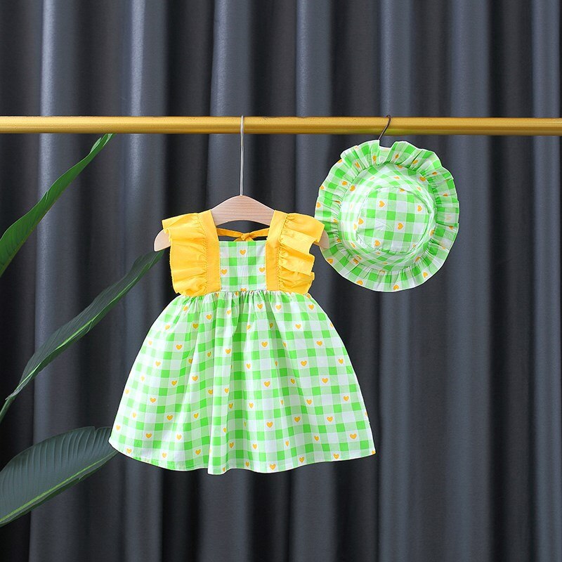 2022 Summer Baby Girls Cute Plaid Dress With Hat - Pink, Green.