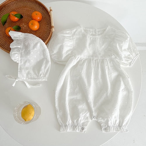 Short Sleeve Cotton Solid Color Jumpsuit + Hat for Baby Girls