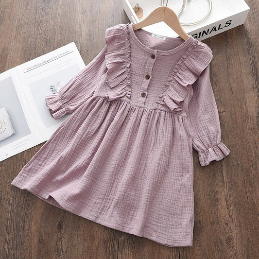Baby Girls Summer Ruffles Long Sleeve Solid Cotton Linen Dress - Purple, White, Yellow.