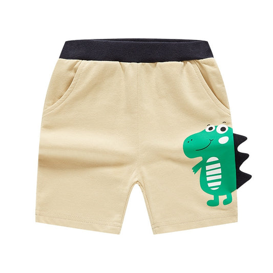 2022 Summer Boys Cartoon Dinosaur Embroidery Shorts - Blue, Grey, Black, Beige.