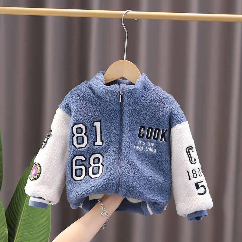 Cálida chaqueta de béisbol de piel ecológica gruesa suave para bebés y niñas - azul, verde