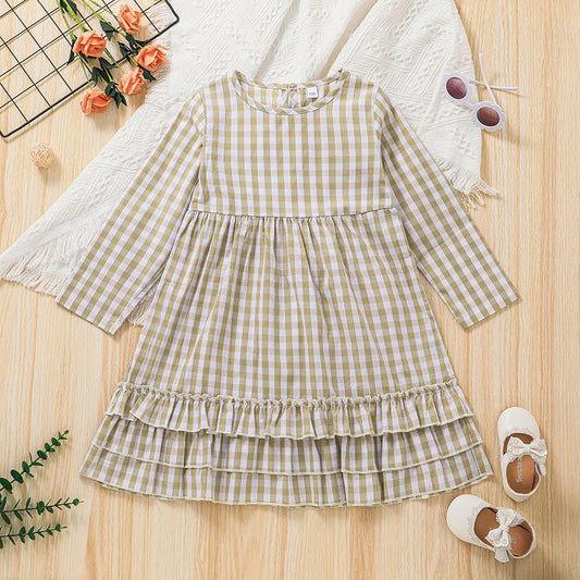 Baby Girls Plaid Long Sleeve Summer Cotton Soft Dress.