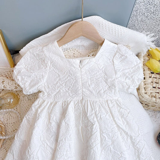Summer New Girls' Dresses Printed Roses Pure White Party Dress Casual Fashion Short-sleeved Children's Clothing.