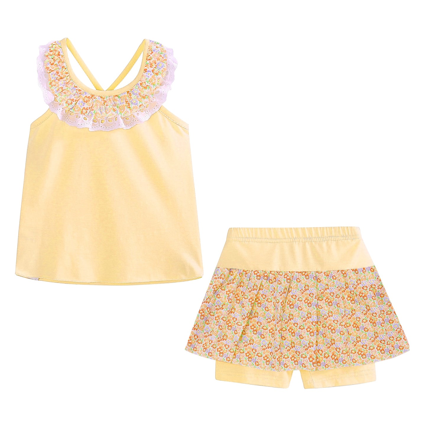 Floral Summer Girls Backless Cold Shoulder Outfit of Top and Skirted Short - Coffee, Blue, Yellow