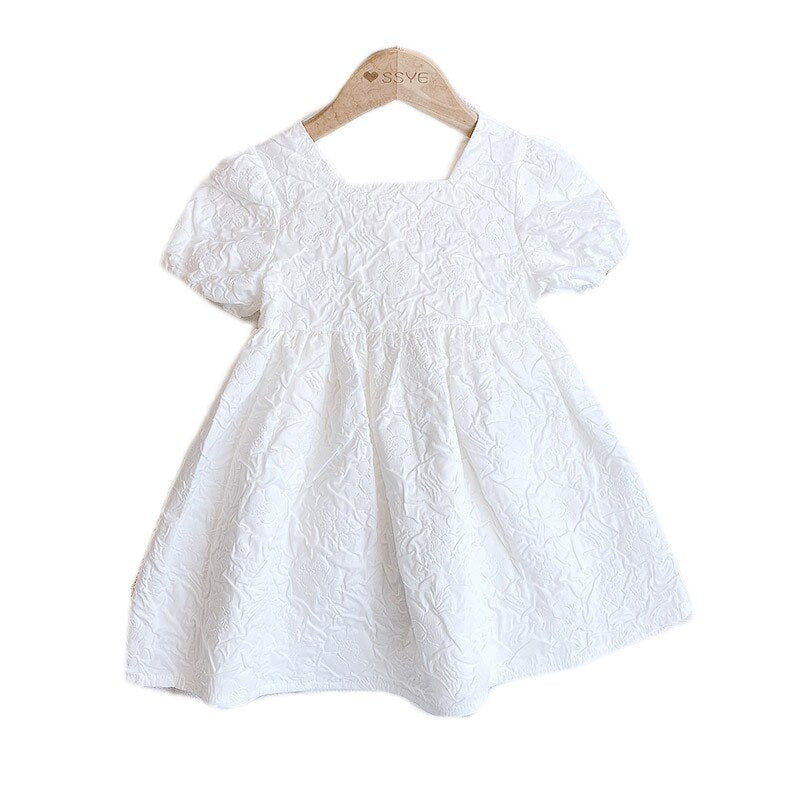 Summer New Girls' Dresses Printed Roses Pure White Party Dress Casual Fashion Short-sleeved Children's Clothing.