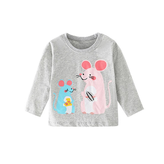 Girls New Cartoon Print Long Sleeve Cotton Tops - Turquoise, Grey.