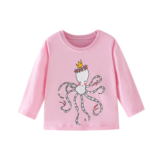 Girls New Cartoon Print Long Sleeve Cotton Tops - Orange, Pink, Light Pink.