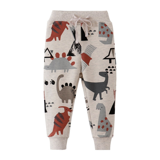 Dinosaur & Cars Print Casual Sweatpants for Boys - Beige, Grey.