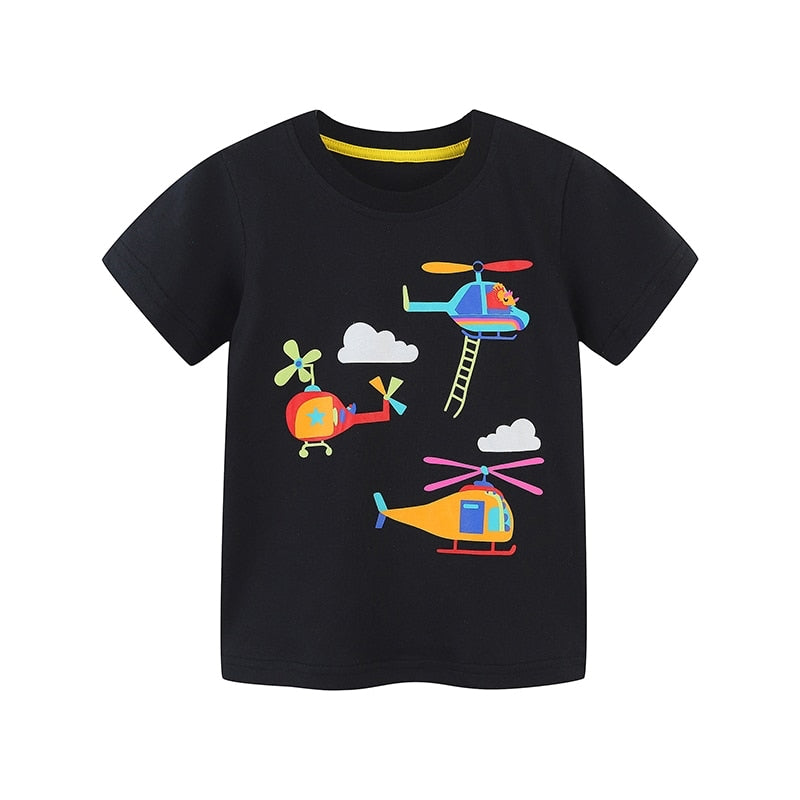 Summer Boys Short Sleeve Cartoon Helicopter Cotton T-shirts - Black, Green.