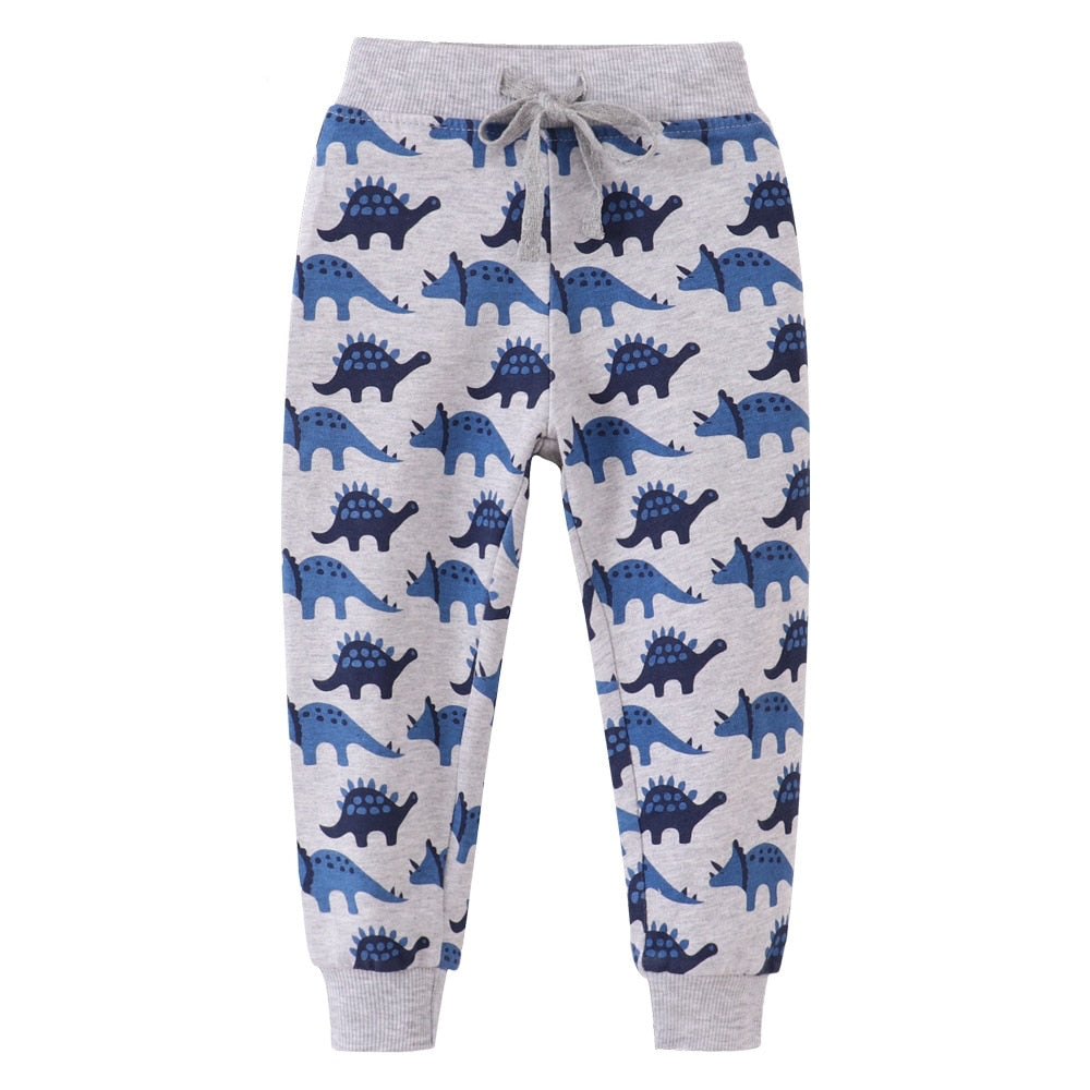 Dinosaur & Machinery Print Cotton Sports Pants for Boys - Beige, Grey.