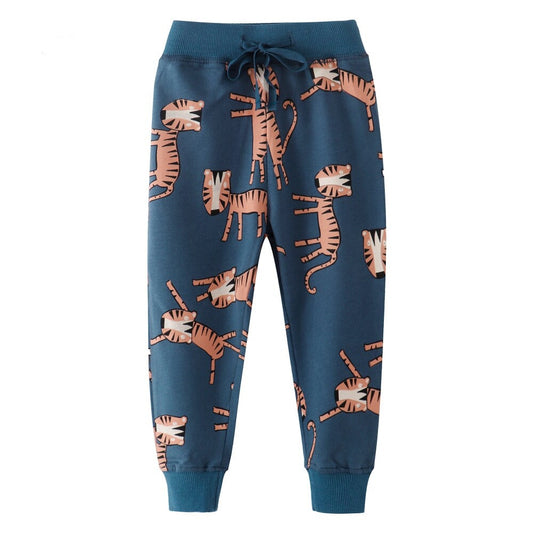 Sharks & Tigers Print Casual Warm Sports Pants - Green, Grey.