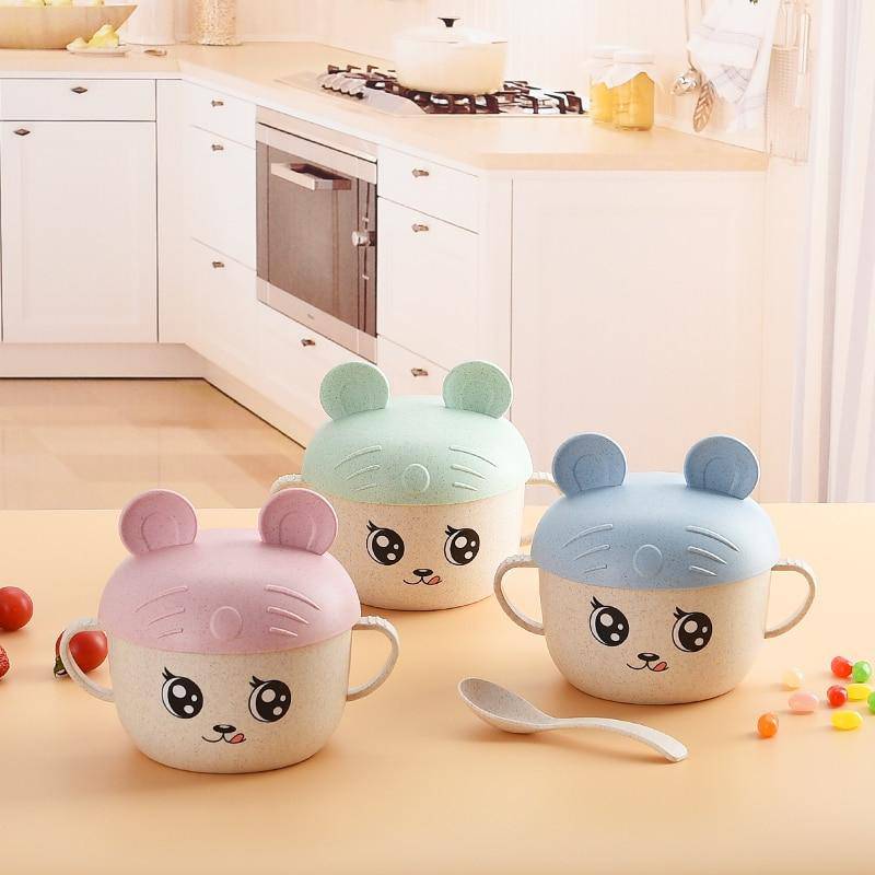 Baby Wheat Cartoon Dinnerware Anti-hot Bowl with Spoon, 2 pcs/set.