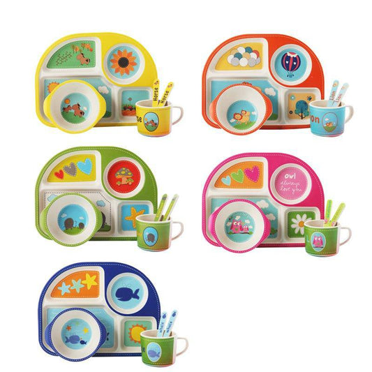 5pcs/set Baby Bamboo Fibre Cartoon Tableware Set - Plate, Bowl, Cup, Fork, Spoon.