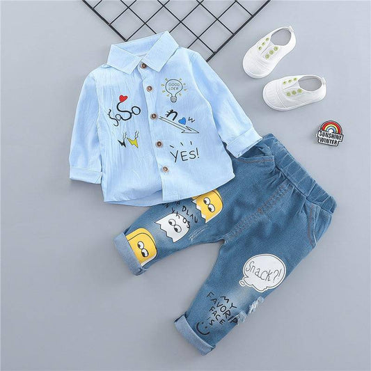 Baby Fashion Embroidery Long Sleeve Shirt & Denim Pants Set.