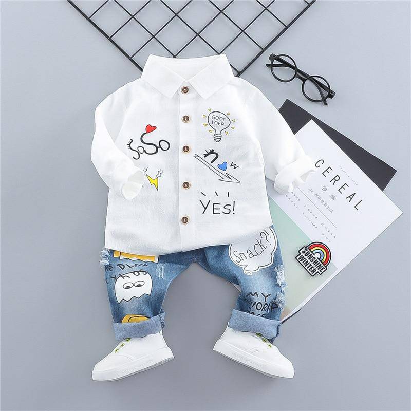 Baby Fashion Embroidery Long Sleeve Shirt & Denim Pants Set.