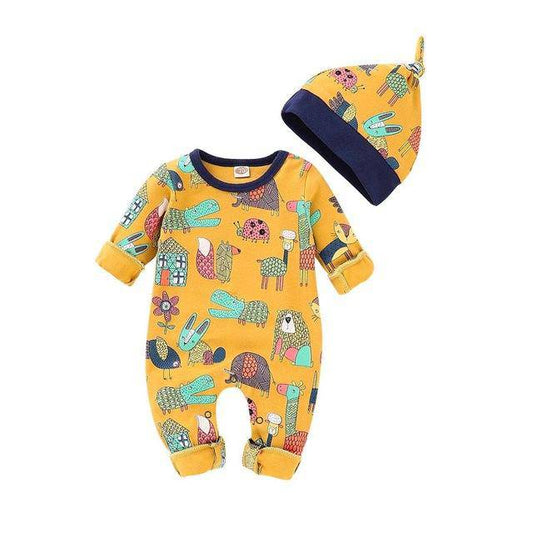 Baby Long Sleeve Funny Cartoon Print Jumpsuit + Cap.