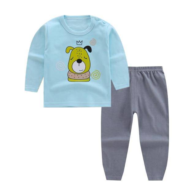 Fashion Top Brand Cartoon Print Cotton Top&Pants' Set - Blue, Grey.