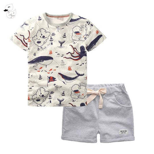 Summer Boys Cartoon Fish Print 100% Cotton Outfit - Navy, Grey, Red.