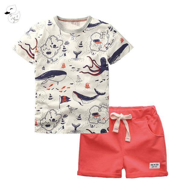 Summer Boys Cartoon Fish Print 100% Cotton Outfit - Navy, Grey, Red.