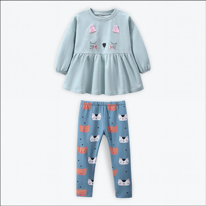 Adorable Cotton Set T-shirt and Leggings With Cute Cat Design - Pastel Blue