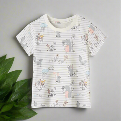 Girls Summer Animals Applique Cotton T-Shirt - White with Stripes