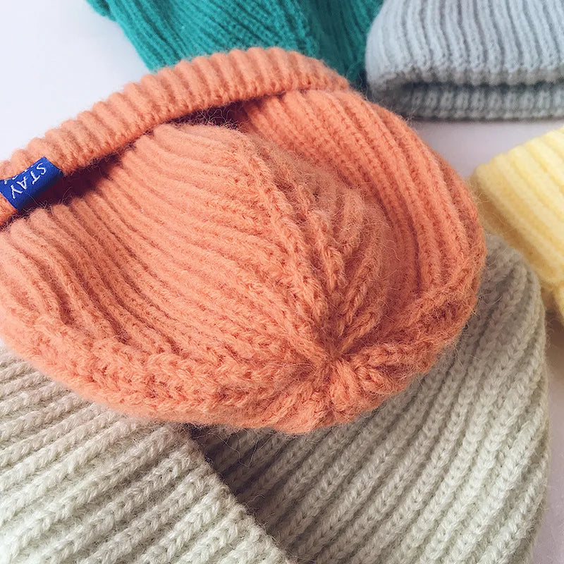 Solid Colour Warm Soft Knitted Hats - Yellow, Green, Pink, Grey, Orange