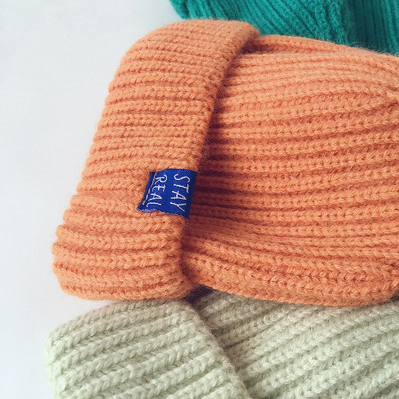 Solid Colour Warm Soft Knitted Hats - Yellow, Green, Pink, Grey, Orange