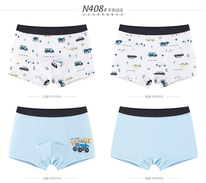 4pcs High Quality Soft Cotton Cartoon Cat Print Boxer Briefs for Boys 4-12Years- Grey, Blue