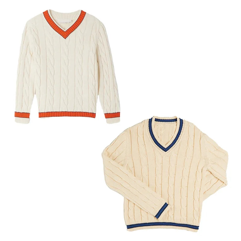 Knitted Cotton V-Neck Boys’ Sweater - Beige, White