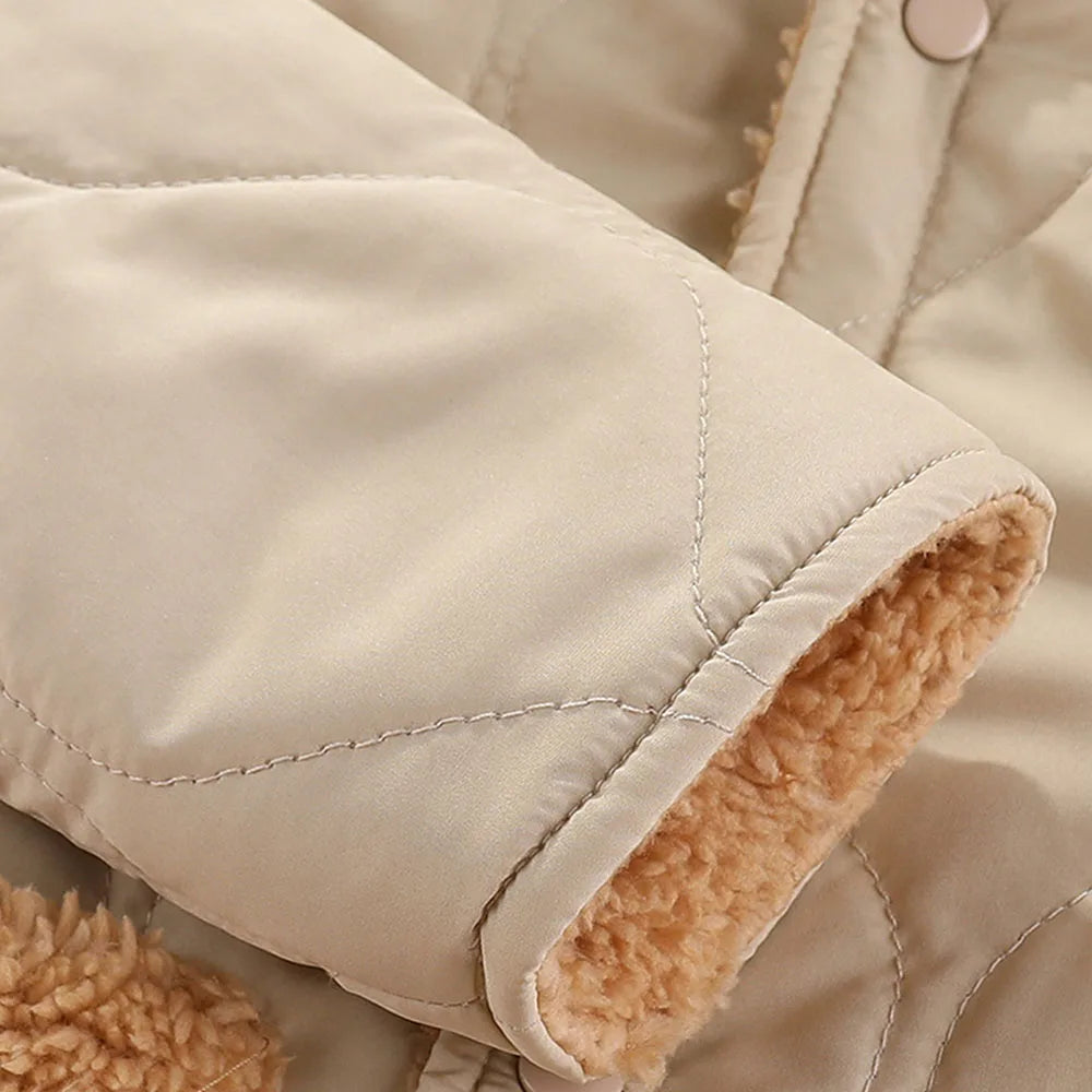 Cute Casual Warm Zip Coat With Hood and Fleece Lining - Beige