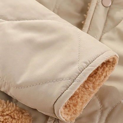 Cute Casual Warm Zip Coat With Hood and Fleece Lining - Beige