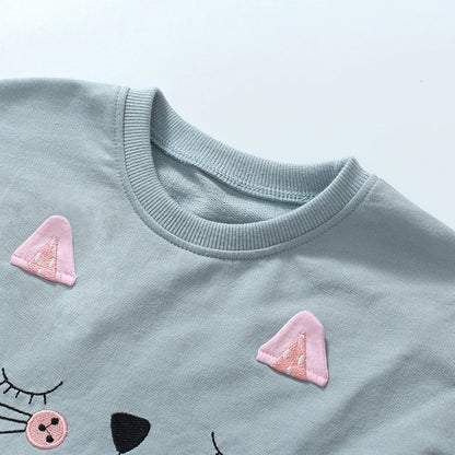 Adorable Cotton Set T-shirt and Leggings With Cute Cat Design - Pastel Blue