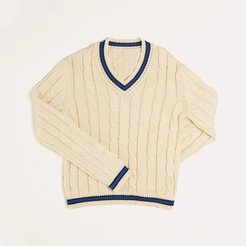 Knitted Cotton V-Neck Boys’ Sweater - Beige, White