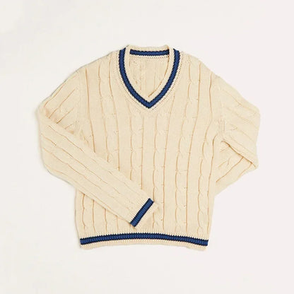 Knitted Cotton V-Neck Boys’ Sweater - Beige, White