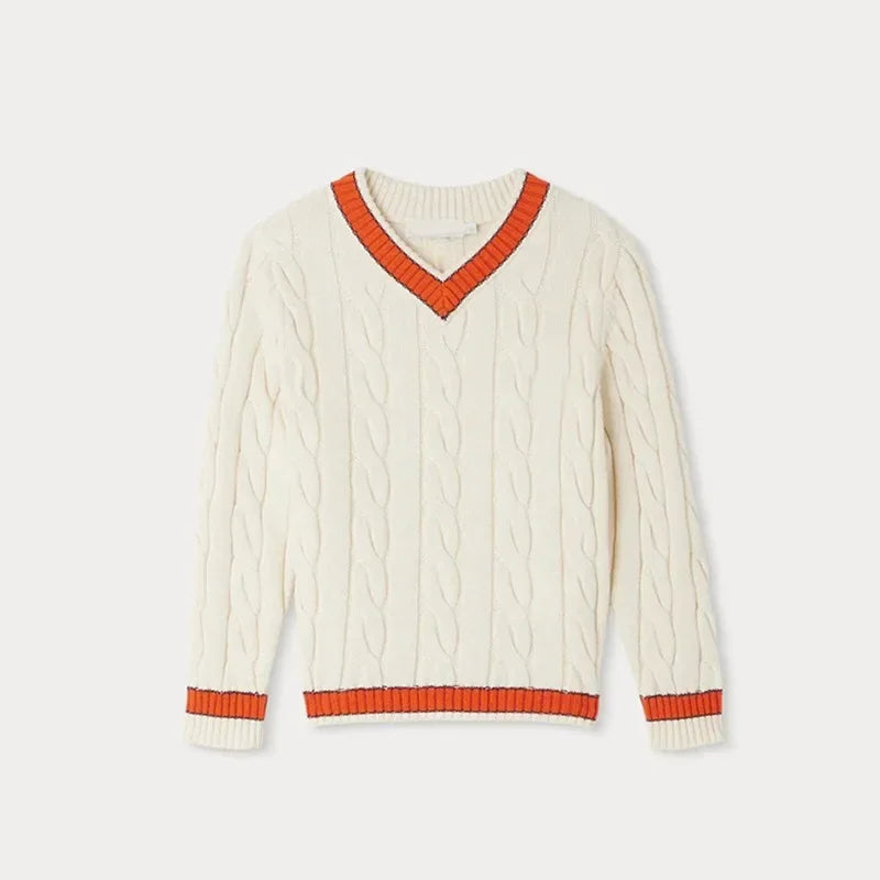 Knitted Cotton V-Neck Boys’ Sweater - Beige, White