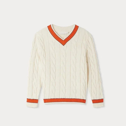 Knitted Cotton V-Neck Boys’ Sweater - Beige, White