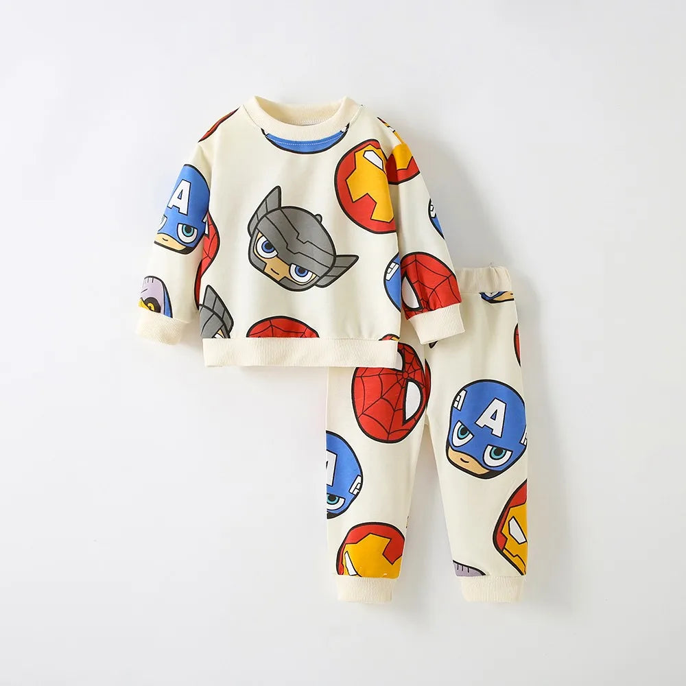 Loose-Fit Hoodie & Pants Set with Marvel Cartoon Characters - Grey, White, Beige