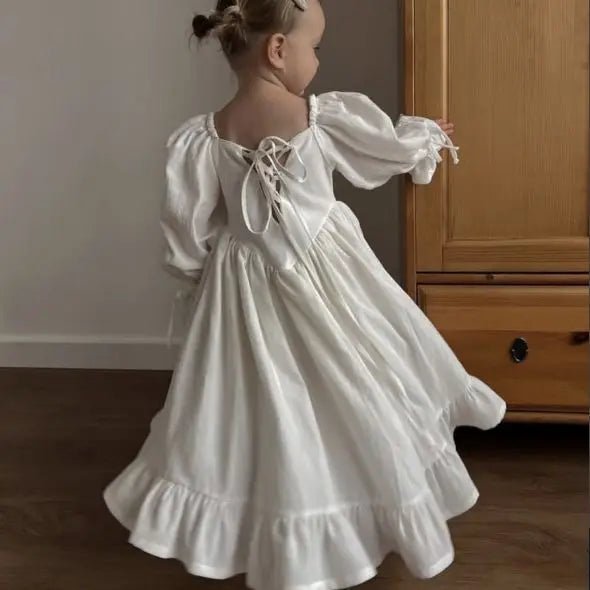 Elegant Long Sleeve Ruffle Princess Cotton Dress – White