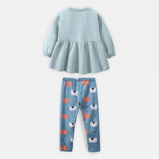 Adorable Cotton Set T-shirt and Leggings With Cute Cat Design - Pastel Blue