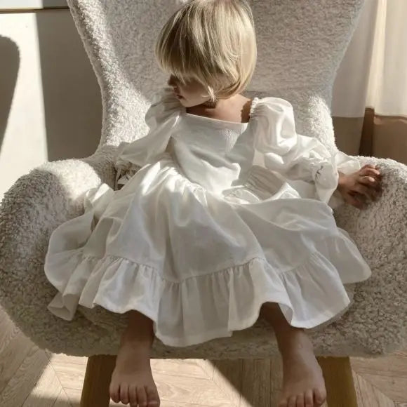 Elegant Long Sleeve Ruffle Princess Cotton Dress – White