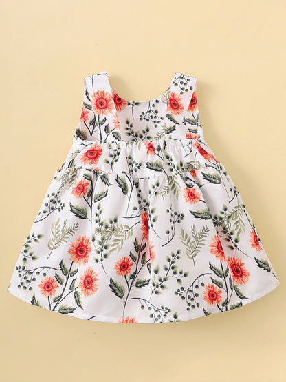 Baby Girl Floral Bow Sleeveless Dress - White