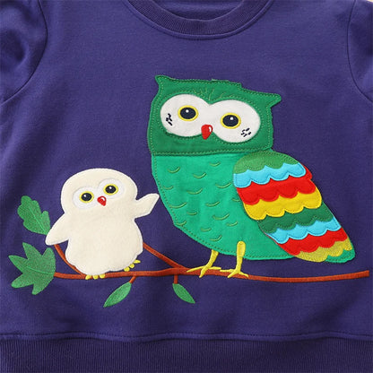 Boys Girls Sweatshirt Owls Embroidery with Long Sleeve - Navy Blue