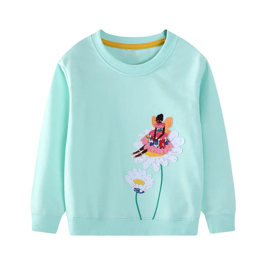 Cotton Embroidered Cartoon Elves Flowers Long Sleeve Sweatshirt for Girls 2-7 Years - Mint Green