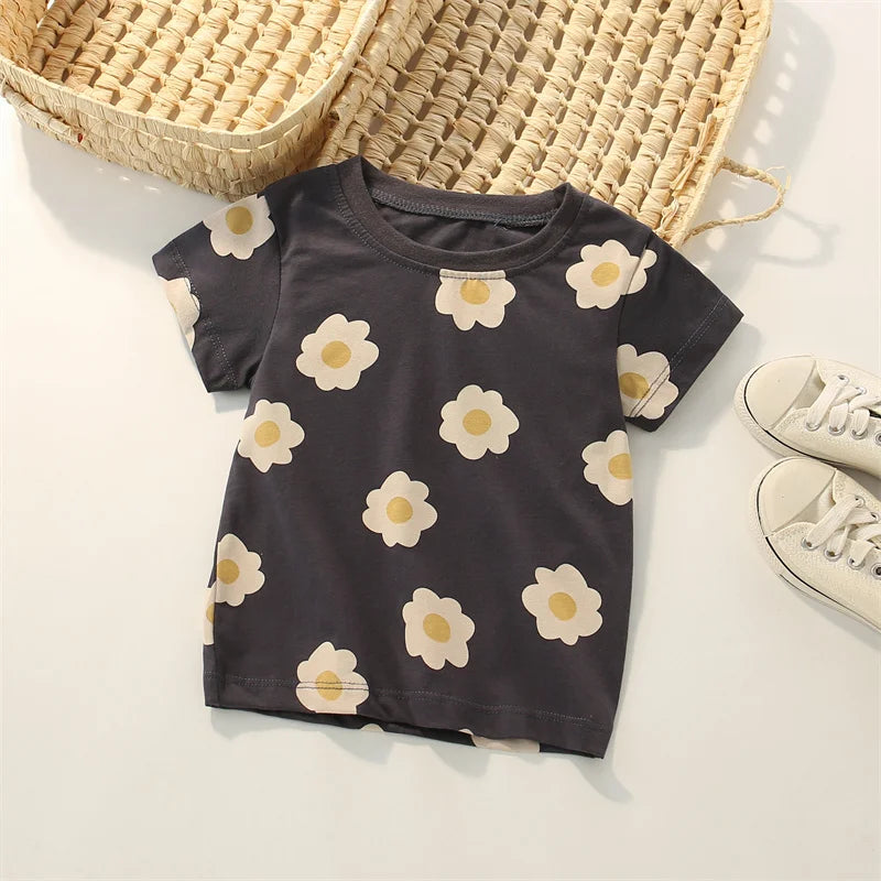 Girls Summer Cotton T-Shirts with Flowers - Black