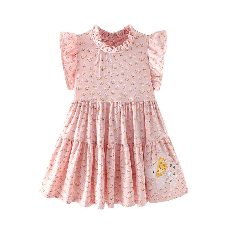 Girls' 100% Cotton Dress with Elephant Applique – Pink
