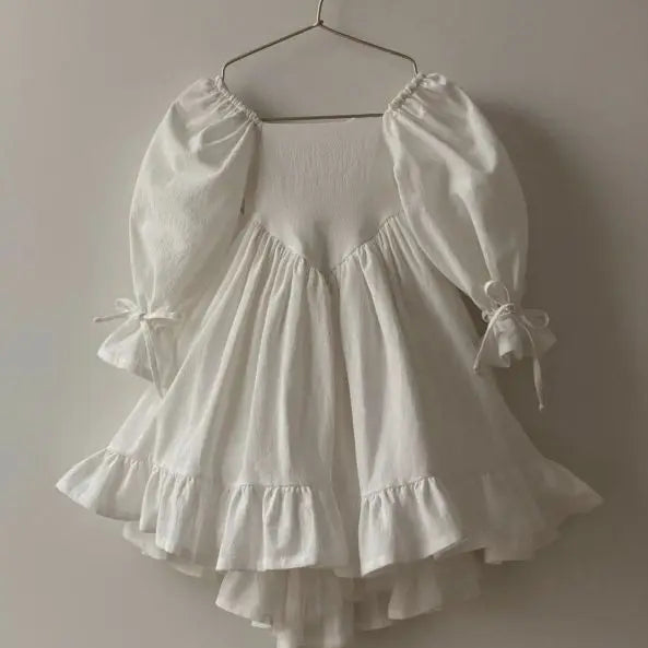 Elegant Long Sleeve Ruffle Princess Cotton Dress – White