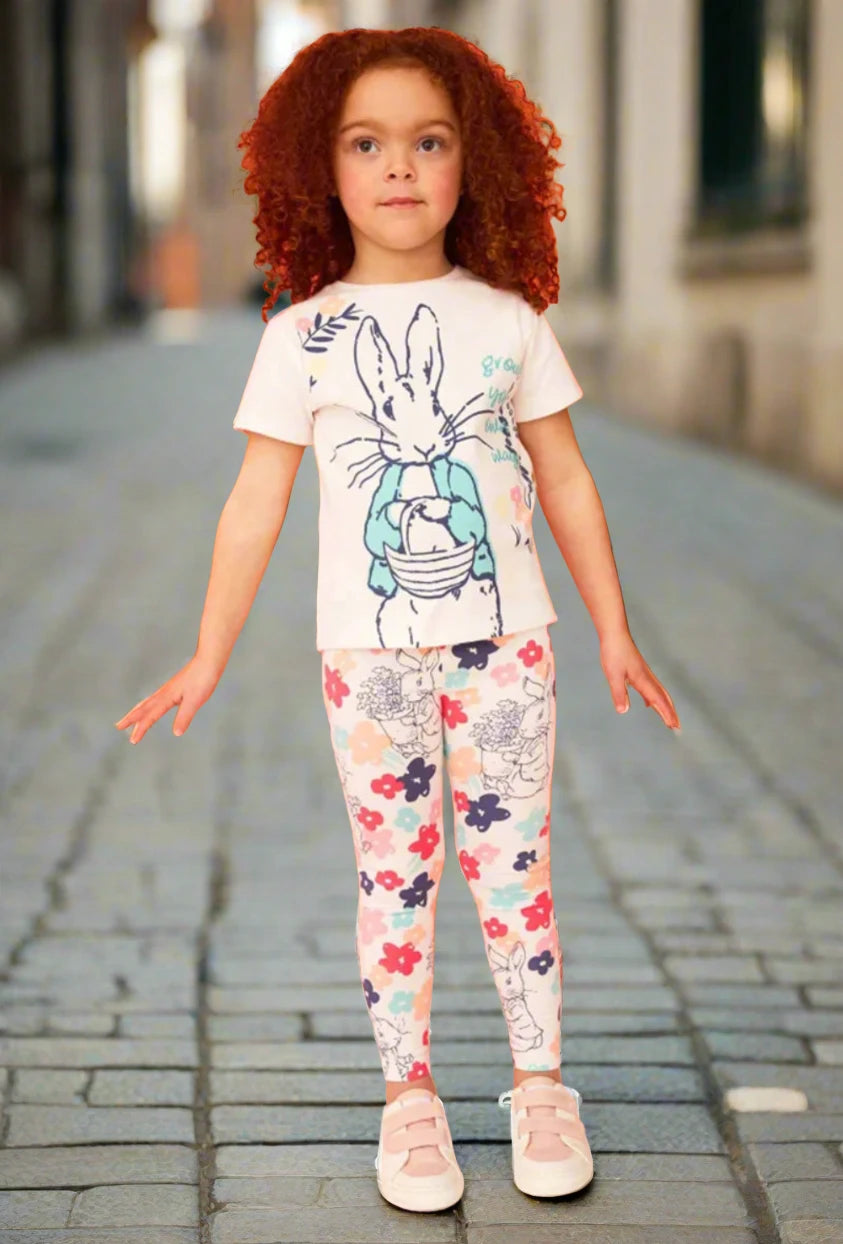 Girls Summer Combed Cotton T-Shirt and Leggings Bunny Outfit - White