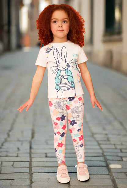 Girls Summer Combed Cotton T-Shirt and Leggings Bunny Outfit - White