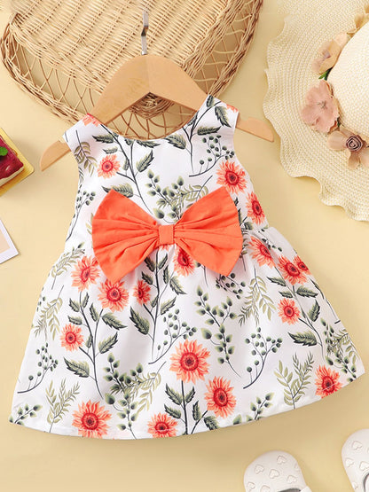 Baby Girl Floral Bow Sleeveless Dress - White