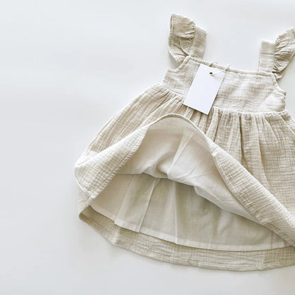 Girls Cotton White Lined Dress With Sleeveless Ruffled Straps - Natural